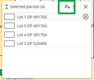 Image highlighting add selected parcels to product list icon at top right of selection bucket