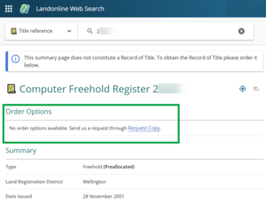 image of a title summary page for a record of title where there are no order options.