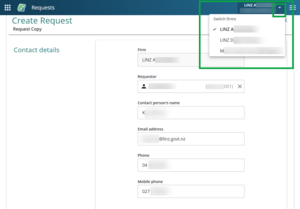 image of Create request, highlighting the change firm dropdown at top right of screen.