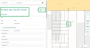 screenshot of web search screen, with the mark ID summary page open on left side. The mark is located and highlighted on the right. THe Add to transformation and locate icons are highlighted at the top right of the mark summary panel.