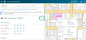screenshot of web search screen, with a title summary on the left side of the screen, and the spatial display on the right side. A parcel is selected in the spatial display, and the parcel's info panel is open. The "add to product list" icon at the top right of the title summary is highlighted.
