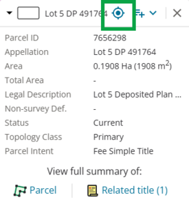 image of a parcel info panel. The locate icon at the top of the panel is highlighted.