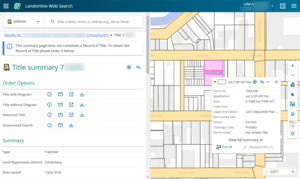 screenshot of web search screen, with a title summary on the left side of the screen, and the spatial display on the right side. A parcel is selected in the spatial display, and the parcel's info panel is open.