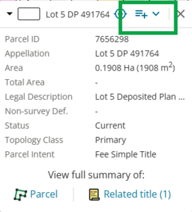 image of parcel info panel. The "add to product list" icon at the top of the panel is highlighted.