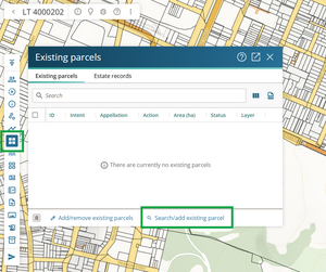 image of the Existing parcel panel, with "Search/add existing parcel" hghlighted.