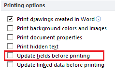 Screenshot highlighting &#039;Update fields before printing&#039; checkbox in &#039;Printing options&#039; section