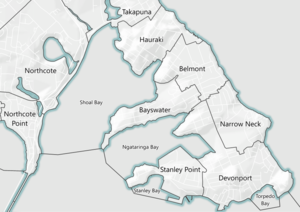 Map showing suburbs and bays from Takapuna and down to Devonport, and as far east as Northcote