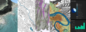 5 examples of the datasets in use, including aerial imagery, mapping data and a dashboard