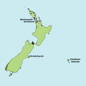 Map of New Zealand with Auckland, Warkworth, Christchurch and the Chatham Islands labeled
