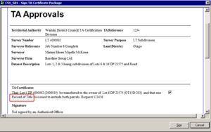 Sign TA Certificate Package screen with Record of Title highlighted