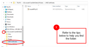 Explorer window with LINZ certification folder highlighted