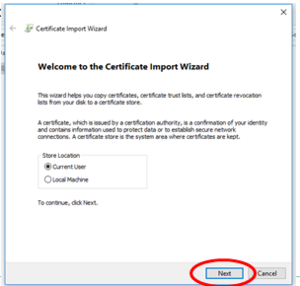 Certificate import wizard with Next button highlighted
