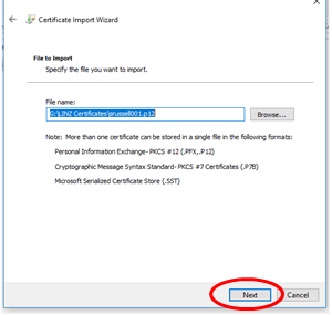 Certificate import wizard file selection screen with next button highlighted