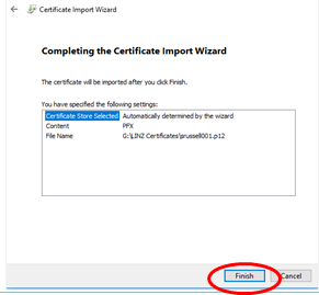 Completing the Certificate Import Wizard screen with FInish highlighted