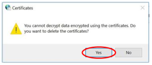 Certificates warning message with Yes highlighted