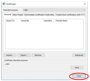 Certificates window with Close button highlighted