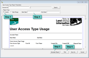 User access report screen with steps highlighted