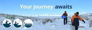 Banner showing two workers in the snow with text that reads "Your journey awaits".
