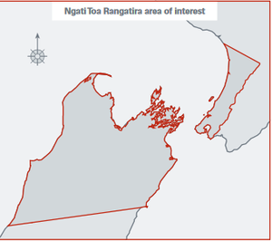 Map showing the area of interest referred to in the Deed of Settlement between Ngāti Toa Rangatira and the Crown. This area covers the lower North Island from the Rangitikei in the North to the Hutt Valley and Wellington areas in the South.