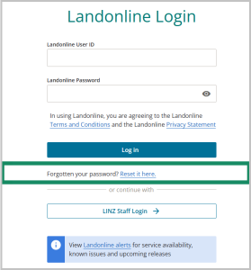 Landonline login screen with message and link highlighted 'Forgotten your password? Reset it here'. 