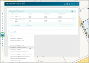 Schedule / memorandum screen in Landonline. The tenth icon from the top on the left-side menu is highlighted to show the functionality.