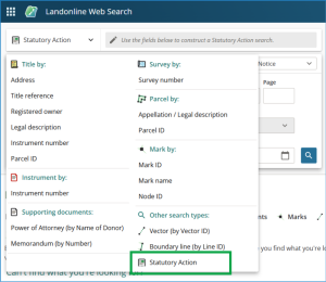 Landonline Web Search menu showing Statutory Action option under 'Other search types'