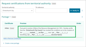 Landonline app screen. Request certifications from territorial authority section. Preview of package 1 is highlighted.