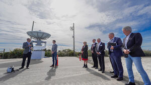 Space Ops NZ Ltd CEO Robin McNeill introduces Minister O’Connor and attendees to the Awarua Satellite Ground Station