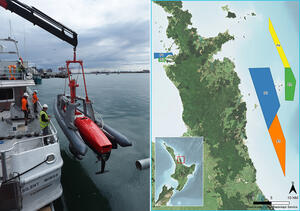 Image of survey equipment being lowered into the water from the boat MV Silent Wings, alongside a map of the North Island showing survey areas around the Coromandel