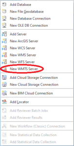 Connections drop-down list with New WMTS Server highlighted