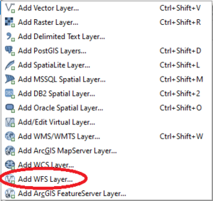 Add layer dropdown with Add WFS Layer highlighted