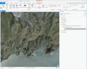 Screenshot of Catalog dialog box over a map in ArcGIS Pro