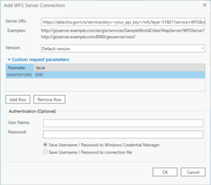 Screenshot of Add WFS Server Connection dialog box