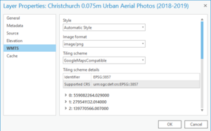 Screenshot of Layer Properties dialog box with 'WMTS' selected