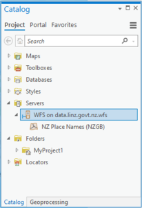 Screenshot of Catalog dialog box with 'WFS on data.linz.govt.nz.wfs' selected