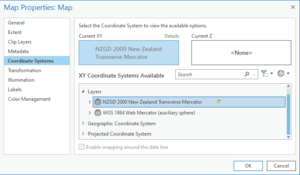 Screenshot of Map Properties: Map dialog box with Coordinate Systems and NZGD 2000 New Zealand Transverse Mercator selected