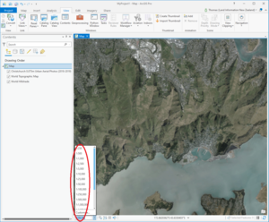 Screenshot of ArcGIS Pro window with map scales circled