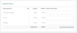 Screenshot of submit dealing fee details