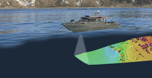 A boat on the surface of the water, scanning below, revealing 3D imagery of the seabed