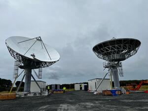 Photo of two SouthPAN satellite dishes at Awarua, Invercargill