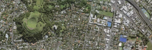 An aerial view of Mt Eden and the surrounding streets from Basemaps' aerial imagery