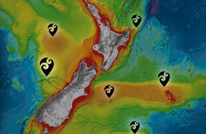 A graphic of New Zealand with a colourful background
